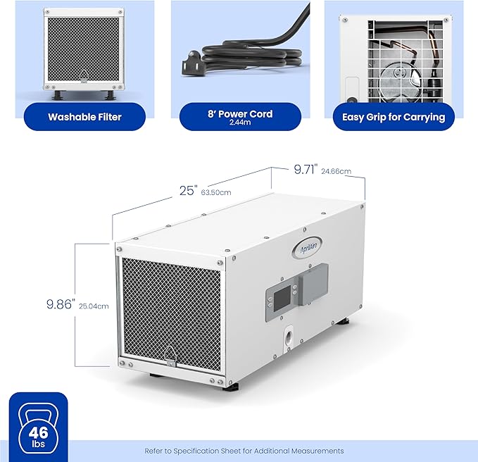 AprilAire E050PZ 50-Pint Professional-Grade, Whole-House Dehumidifier with drain hose for up to 1,600 Sq. Ft. with S86WMUPR Wi-Fi Thermostat, Drain Hose, Condensate Pump, Bracket, and Hanging Kit