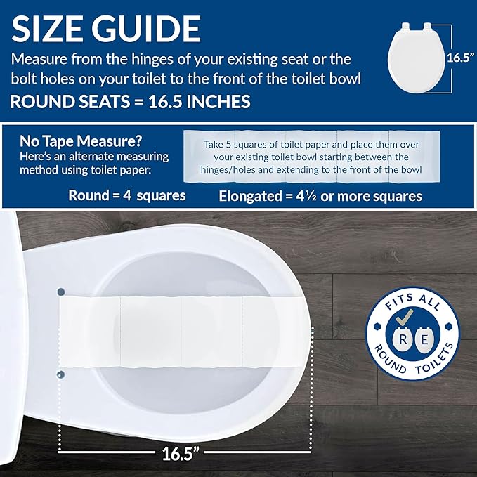 Mayfair Bennett Toilet Seat with Brushed Gold Hinges, Slow Close Wood Seat, Secure Metal Hinges, Easy Install, Made in USA, Round, White