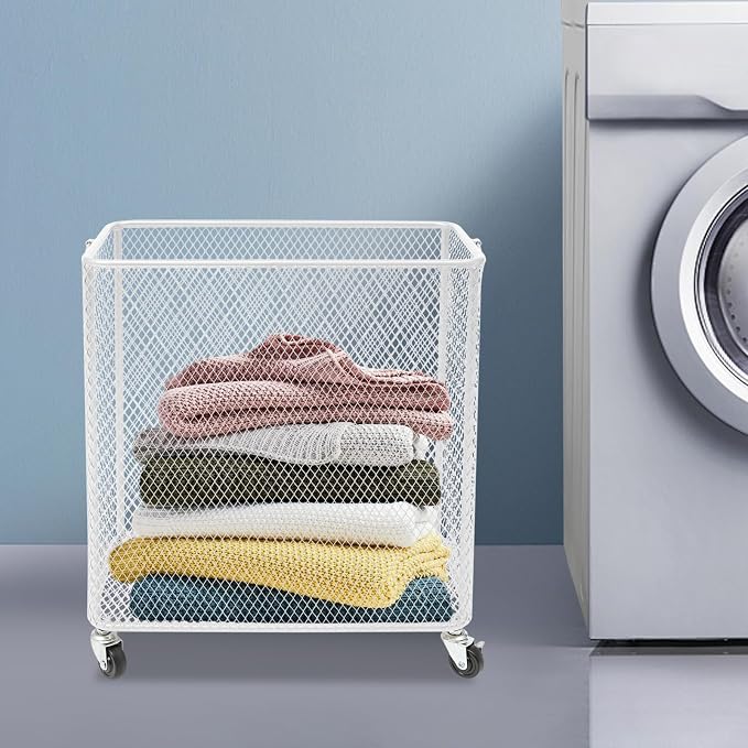 Rolling Laundry Hamper with Wheels Metal Wire Laundry Basket Cart Heavy Duty Clothes Toy Sundries Storage Organize Hamper Bin for Living Room Bathroom Closet Bedroom (White, Rectangle)