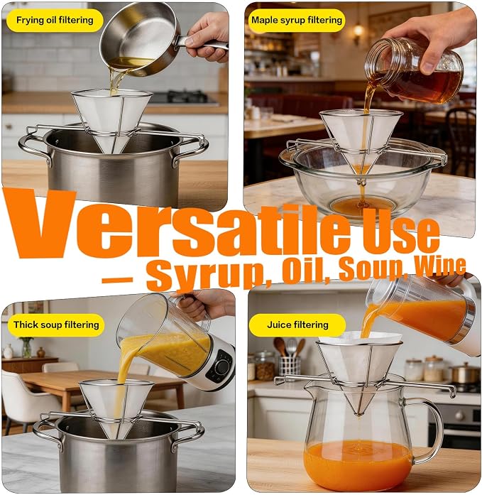 10 Inch Maple Syrup Filter Kit – 10 Pack Non-Woven Filter Papers – 304 Stainless Steel Mesh Strainer, 2-Layer Filtration System, Multi-Purpose Daily Filtration