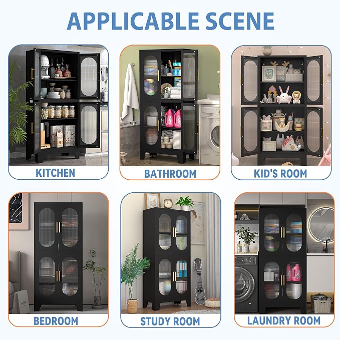 GAIOUS Black Kitchen Pantry Cabinet,Storage Cabinet with Acrylic Glass Door | and Adjustable Shelves, Metal Food Storage Cupboard, Tall Versatile Storage for Kitchen, Dining Room, Home Office and Bedroom