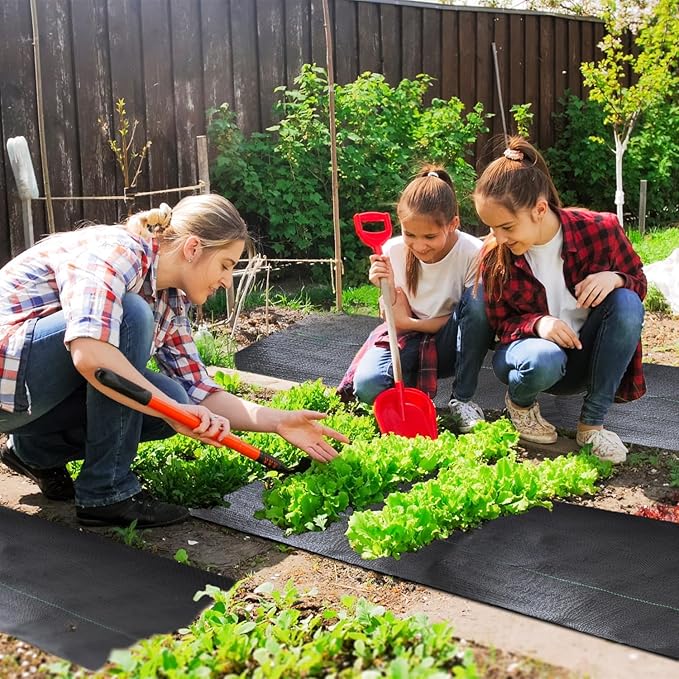 Rintea Weed Barrier Fabric, 6 x 300 ft, 3.2 oz Landscape Fabric | Heavy-duty woven polypropylene with guide lines and 20 U-stakes for gardens, flower beds, landscaping and driveways