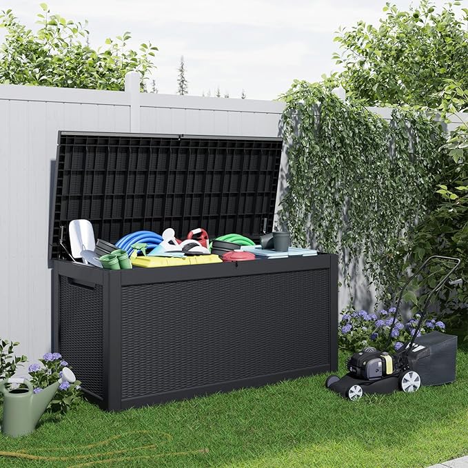 DRATO 320 Gallon Deck Boxes Outdoor Waterproof, Lockable Outdoor Storage Box for Patio Furniture Pool Supplies Garden Tools, Weatherproof Resin Storage Box for Backyard (Black, 320 Gallon)