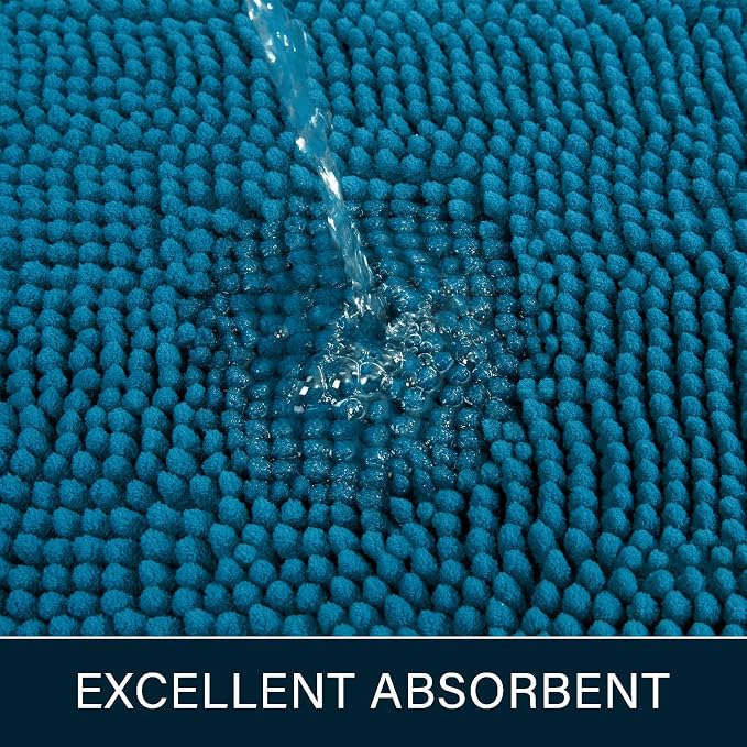 LOCHAS Luxury Bathroom Rug Shaggy Bath Mat 24 x 60 Inch, Peacock Blue | Washable Non Slip Bath Rugs for Bathroom Shower, Soft Plush Chenille Absorbent Carpets