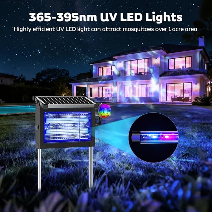 OnBeam Solar Bug Zapper Outdoor with Projector Lights, Mosquito Zapper Waterproof Electric Fly Zapper Rechargeable with 10W Solar Panel, 4500V Cordless Fly Trap for Backyard, Patio, Garden, Camping
