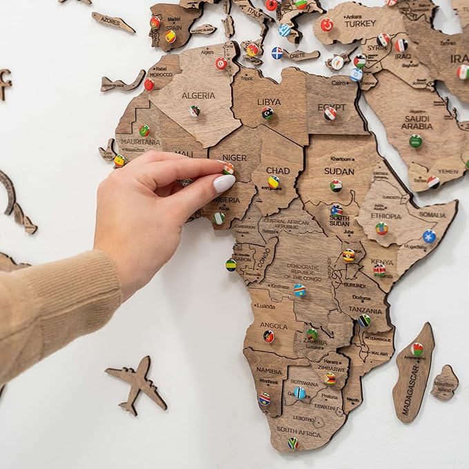 Enjoy The Wood 3D Wood World Map Wall Art Large Wood Wall Décor Housewarming Gift Idea Art World Travel Map For Home & Kitchen or Office (3XL, Terra)