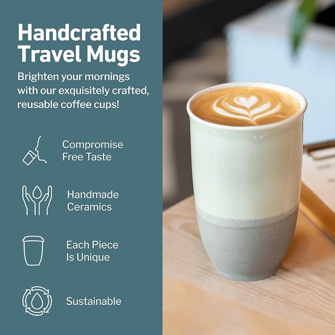 NOVA CERAMICS Travel Mug – Coffee Travel Mug – Reusable Coffee Cup Unique to Go Mug – Microwave & Dishwasher Safe Coffee White Tumbler - Gifts for Women Men Him Her – 12oz – Sea Mist