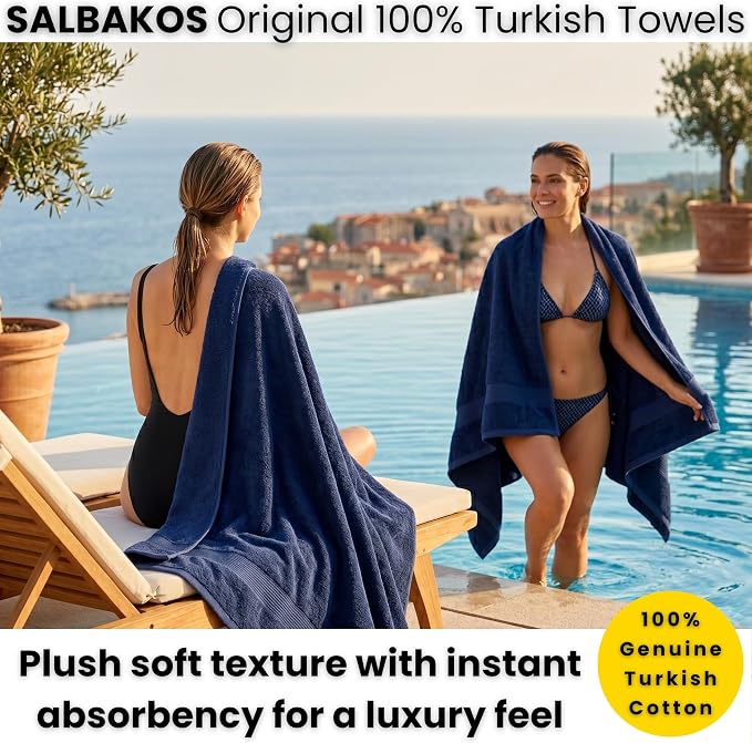 SALBAKOS 2-Piece 100% Turkish Cotton Bath Towels, Extra Large 35x70, Navy | Oversized Bath Sheet Towel for Bathroom & Beach, Thick, Super Soft, Highly Absorbent, Premium Hotel Quality, Made in Turkey