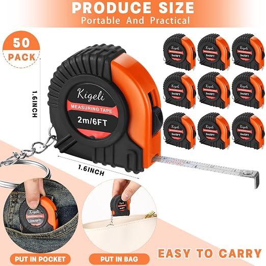 Kigeli 50 Pcs 6ft/2 Meter Mini Measuring Tape Keychains Small Measure Keychain Bulk Set Functional Mini Retractable Measuring Tape Keychains with Slide Lock for Engineer Crafter(Orange)