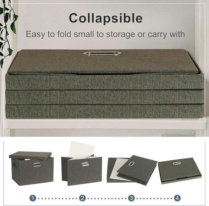 Graciadeco Large 17" 36 Quart Collapsible Stackable Storage Bins with Lids, 3 Packs Dark green Foldable Fabric Closet Storage Boxes with Lids, Heavy-duty Linen Cube Baskets(17x12x11)