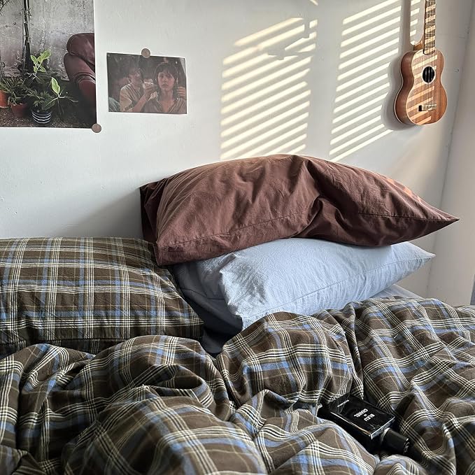 mixinni Vintage Buffalo Plaid Duvet Cover Set Full Size - 3 Piece Washed Cotton Bedding Set with Grid Pattern, Soft & Breathable Duvet Cover with Pillowcases for All Seasons,(Brown & Blue, Beige)