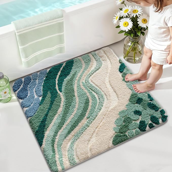 LUMI Beach Bathroom Rug Square, Non Slip Bath Mat Quick Dry, Ultra Soft Washable Absorbent, Ocean Sea Theme Bath Rug for Shower Floor, Home Decor, Kids Room, Bathtub, 32"x32"