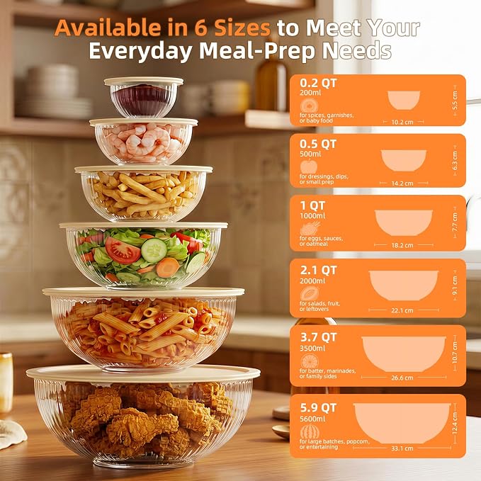 Glass Mixing Bowls with Lids Sets - 6 Packs Size: 5.9-3.7-2.1-1-0.5-0.2QT, Borosilicate Nesting Glass Bowls Containers for Baking,Salad,Meal Prep,Serving,Food Storage,BPA Free & Dishwasher Safe