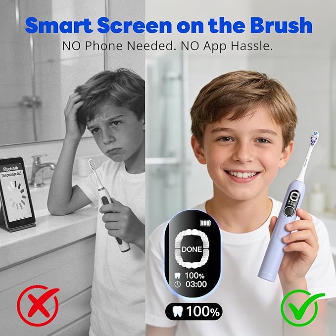 SAKYPRORAL Kids Electric Toothbrush for Boys Teens (6-15Y), Smart Screen with Brushing Score, Soft Bristles, Visual Timer for Braces, 150 Days Battery with Travel Case (Blue)