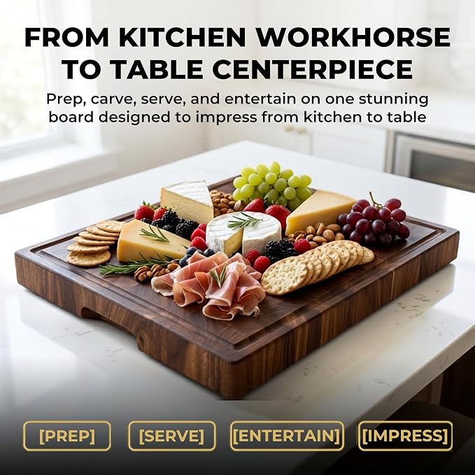 SHUMARU XXXL End Grain Cutting Board 24 x 18 x 2 Inch Thick, Premium Exotic Heartwood Butcher Block, Knife-Friendly Wood Chopping Block with Juice Groove, Non-Slip Feet & Side Handles