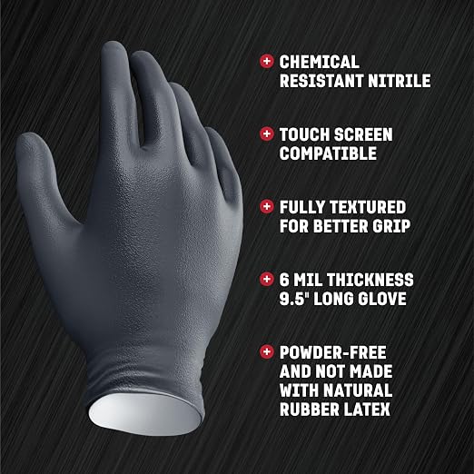 Venom Steel Industrial Nitrile Gloves, Chemical Resistant Disposable Black Gloves, Latex-Free, Powder-Free, Textured Grip, Heavy Duty Two-Layer Protection, 6 mil, Large (Pack of 500)