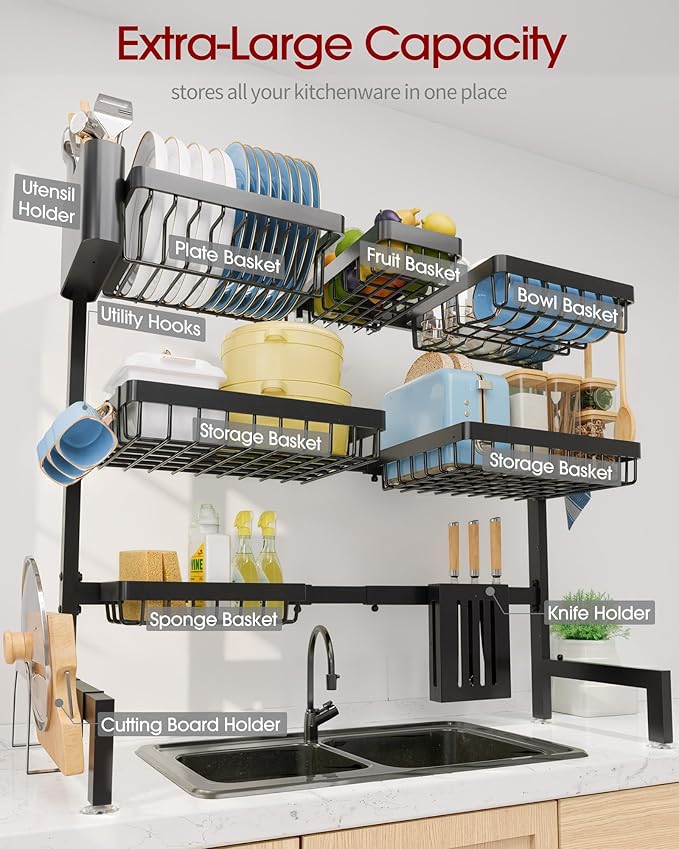 Sakugi Dish Drying Rack Over The Sink, Dish Drainer for Kitchen Counter | Stainless Steel Storage Organizer with Utensil Knife Holder & Hooks, Adjustable 11.8"Dx31.5"~39"Wx30"H, Black