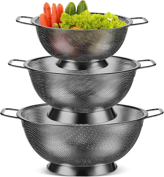 Bokon 3 Pcs Stainless Steel Colander Set Colander Bowl and Sieves 1/3/5 Quart Metal Mesh Strainer Net Basket with Handles Food Spaghetti Strainer for Kitchen Draining Pasta Rinsing(Black)