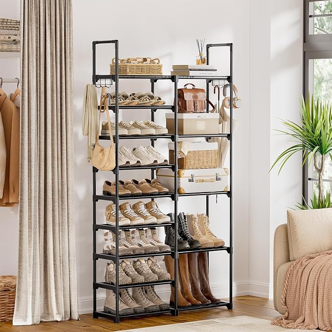 WOWLIVE 9 Tiers Shoe Rack Shoe Storage Shoe Organizer 30-35 Pairs Shoe Tower Unit Shelf Durable Metal Pipes with Plastic Connectors Stackable Cabinet Black(SSS2B9)