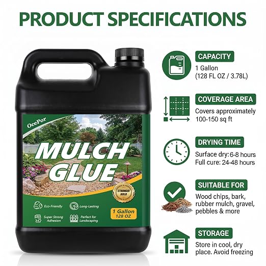 OcePor 1 Gallon Mulch Glue for Landscaping, Rock Glue for Landscaping, Mulch Glue Max for Gravel Binder Adhesive to Lock Down Pea Gravel, Stone, Rubber Mulch, Wood Chips in Place for Outdoor Landscape