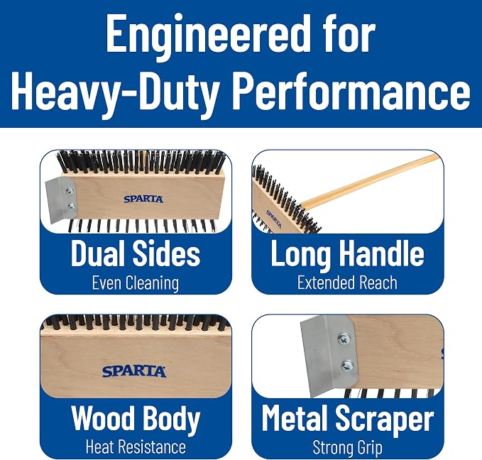 SPARTA 4002600 Stainless Steel Grill Brush, Grill Scraper With Long Handle For Commercial Cleaning, Kitchens, Restaurants, Bathrooms, 30 Inches, Brown, (Pack of 6)