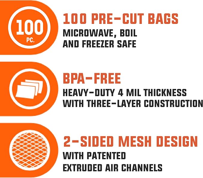 8” x 12” Pre-Cut Vacuum Bags – 100 Quart Bags for Food Preservation – BPA-Free Vacuum Sealer Bags, Microwave, Freezer and Boil Safe, Compatible with any Vacuum Sealer Machine