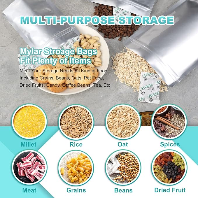50pcs Mylar Bags for Food Storage With Oxygen Absorbers, 15 Mil Extra Thick Mylar Bags, 4 Size Set(5 Gallon, 2 Gallon, 1 Gallon, 1 Quart)2500cc and 400cc Oxy-Sorb (Individually Sealed)
