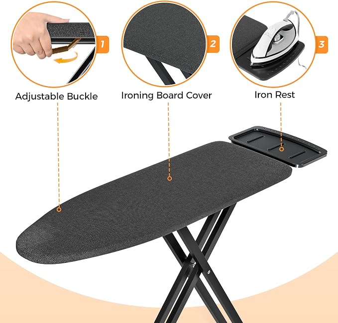 APEXCHASER Ironing Board Full Size, Iron Board and Ironing Board Set Height Adjustable, Foldable Ironing Boards Standard Size, Iron Table Stand with Anti-Skid Legs and Iron Rest, 13" x 43" Black