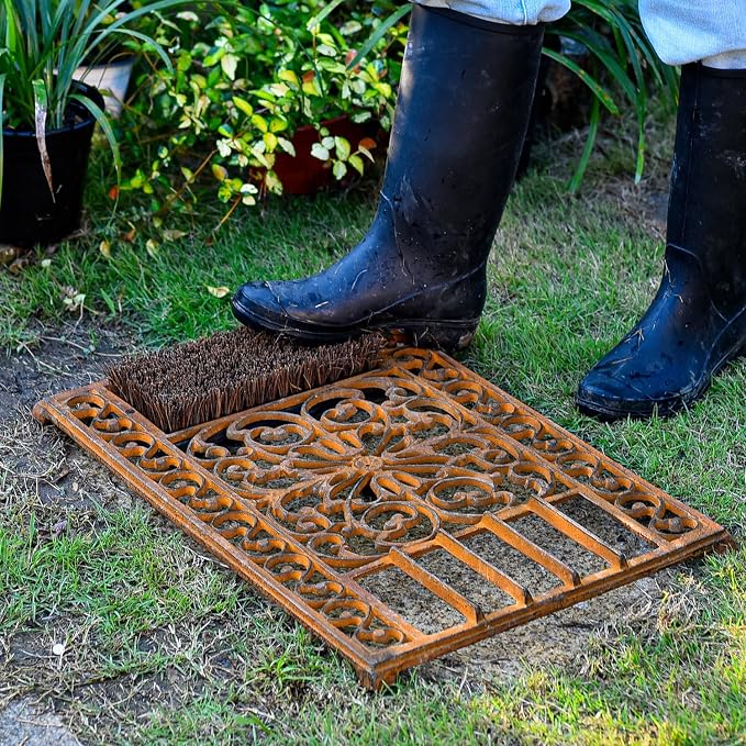 Sungmor Outdoor Cast Iron Doormat, Vintage Boot Scraper with Brushes, Rust Rectangle Shoe Scraper Mat, 22.8" Heavy Duty Decorative Shoe Cleaning Mat for Front Door, Entrance, Garden