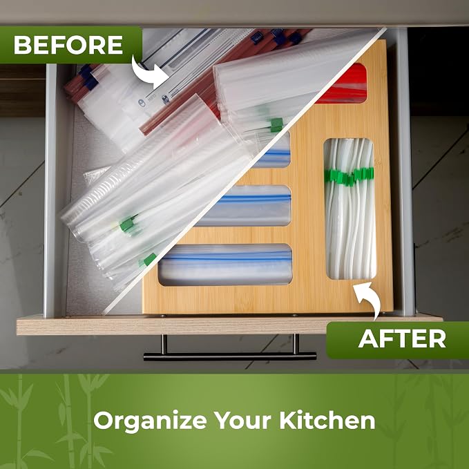 Kitchen Drawer Organizer, 9 in 1 Sandwich Storage Bag Organizer & Foil Wrap Dispenser - Fits Gallon, Quart, Snack - Plastic Bag Storage for Kitchen Organization [Measure Your Drawer Before Ordering]
