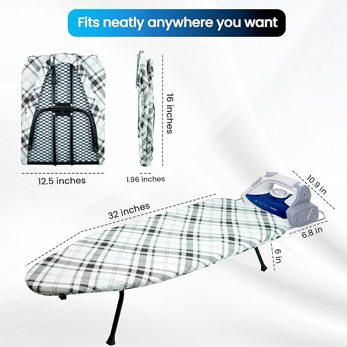 Metal Mesh Panel Tabletop Ironing Board | Foldable Iron Board | Heavy Duty Small Iron Board with Heat Resistant Cover and 100% Cotton 8mm Thicken Pad (Elegant)