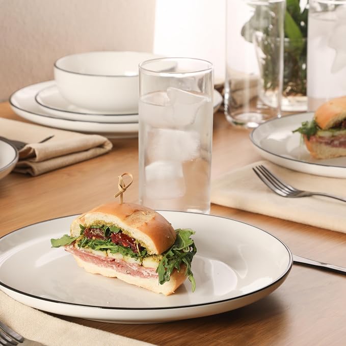 Gibson Home Havenstone 12-Piece Porcelain Dinnerware Set – Dinner Plates, Salad Plates & Bowls, Classic White With Black Rim Everyday Dish Set for Home, Kitchen, Microwave & Dishwasher Safe
