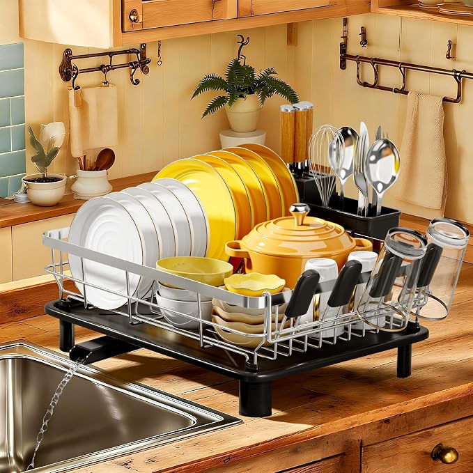 MOUKABAL Stainless Steel Dish Drying Rack for Kitchen Counter, Black Silver | 13×17 Large Capacity/Drainboard with Rotating Spout/Removable Cup & Utensil Holders/Fast Drainage/Countertop Dish Drainer