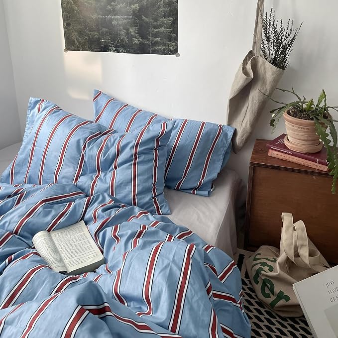 mixinni Vintage Striped Blue Duvet Cover Full - 100% Cotton Red Stripes 3-Piece Bedding Duvet Cover Set with Zipper Closure, Soft & Breathable Retro Design for All Seasons (Full Size)
