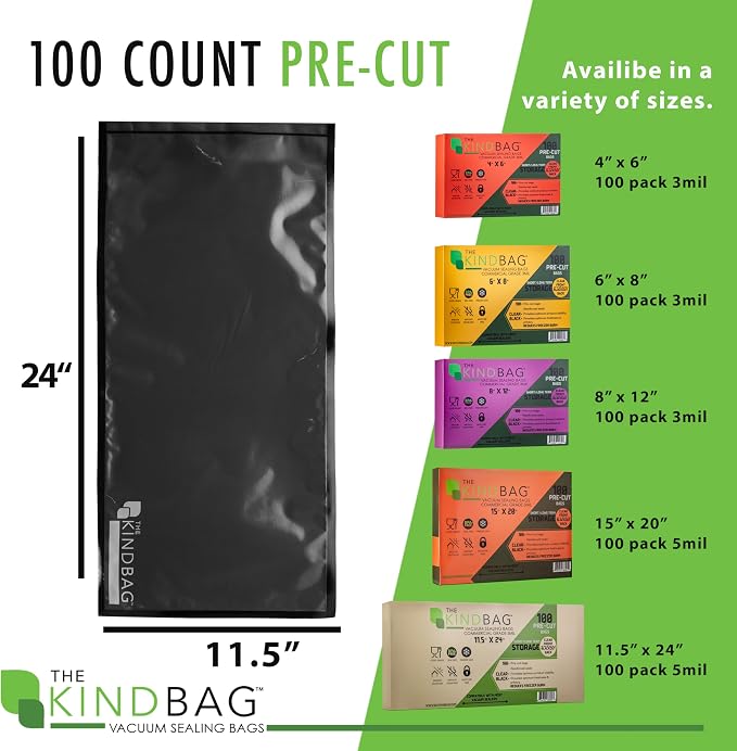 The Kind Bag Vacuum Seal Bags for Food Storage, 11.5x24 Inch 100 Pack, Pre-Cut 5mil Commercial Grade, Black Back Clear Front, BPA Free, Airtight and Freezer Safe, Prevents Freezer Burn
