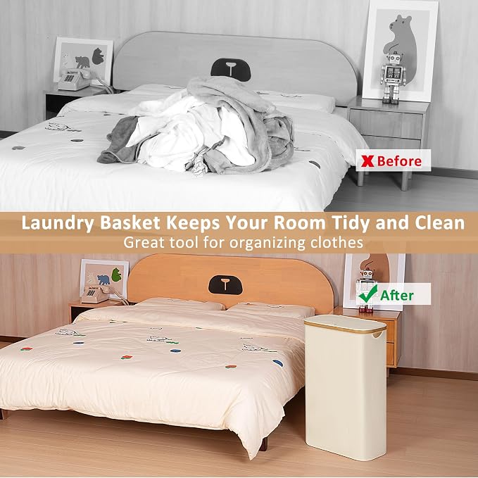 iEGrow 65L Slim Laundry Hamper, Narrow Laundry Basket with Lid,Foldable Clothes Hamper with Bamboo Handles,Hamper Basket with Removable Inner Bag for Laundry Room Bedroom College Dorm,17.17 Gals Beige