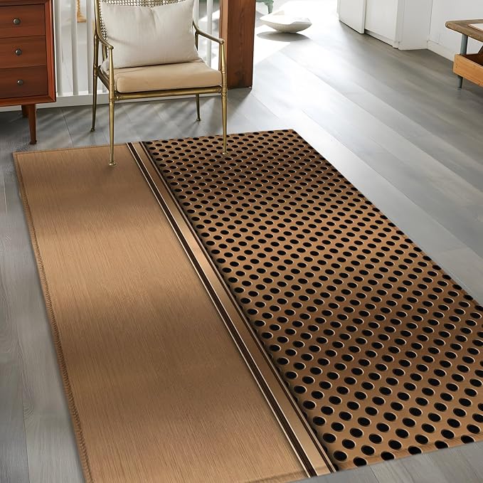 4 x 6 Ft Area Rug for Home Office, Brown Metal Hole Indoor Accent Rugs for Living Room, Modern Copper Net Eye Hole Pattern Decorative Modern Carpet Washable Low Pile Non Slip Rug for Bedroom