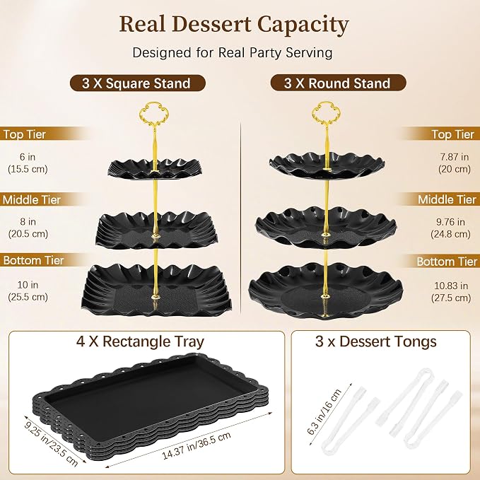Black Gold Dessert Stand Set 13PCS, 6 Tiered Cupcake Display Towers with 4 Serving Trays and 3 Tongs, Round & Square Dessert Holders for Wedding Birthday Graduation Baby Shower Decor