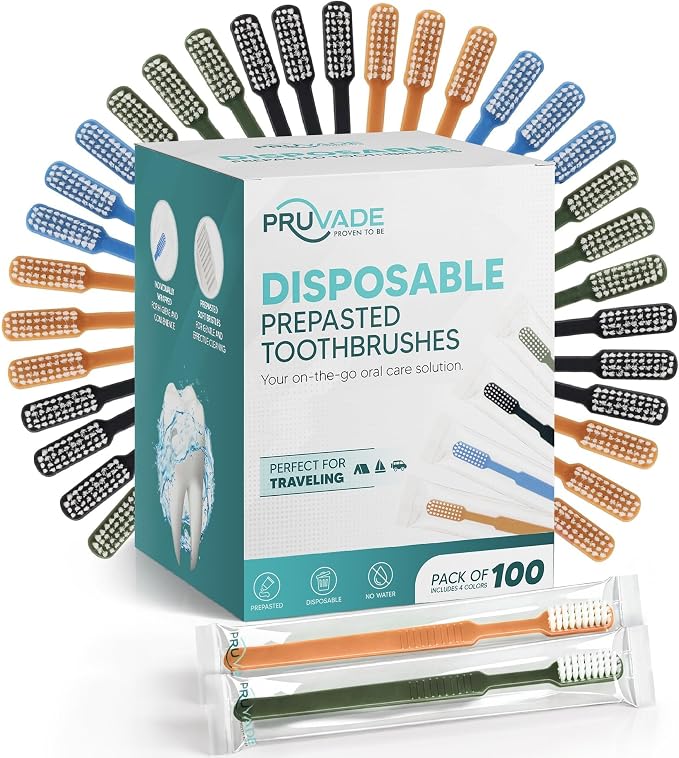 100 Pack Disposable Toothbrushes with Toothpaste - Prepasted Toothbrushes | Pruvade Single Use Waterless Tooth Brush with Soft Bristles for Airbnb, Hotel, Camping, Travel - Individually Wrapped - Mint