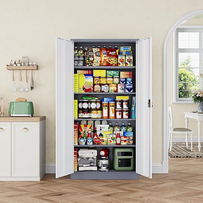 Metal Garage Storage Cabinets with Lock Door and Adjustable Shelves, Steel Tool Cabinets for Home,Office,Warehouse Organisieren (Gery White, 71" H)