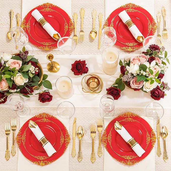 Nervure 350PCS Red Plastic Plates - Red Gold Plastic Dinnerware Sets for 50 Guests - 100 Gold Disposable Plates, 50 Pre Rolled Silverware Sets, 50 Cups Perfect for Wedding & Party