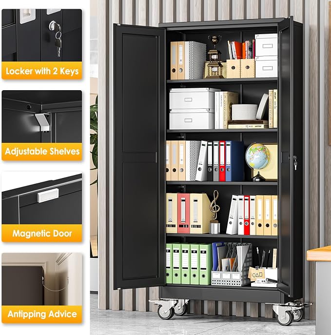 PAOFIN 71''H Tall Metal Garage Storage Cabinet with Wheels,Steel File Cabinets with 2 Doors and 4 Adjustable Shelves for Home Office, Warehouse, Required Assembly,Black