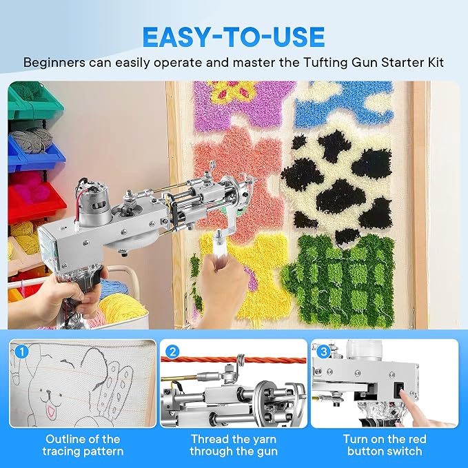 Vehipa Rug Tufting Gun with Carpet Trimmer - Tufting Gun Starter Kit - 2 in 1 Cut Pile Carpet Gun & Loop Pile - Rug Making Kit & Trimmer& Cloth& Yarn for DIY Home Decor & Craft Devotees