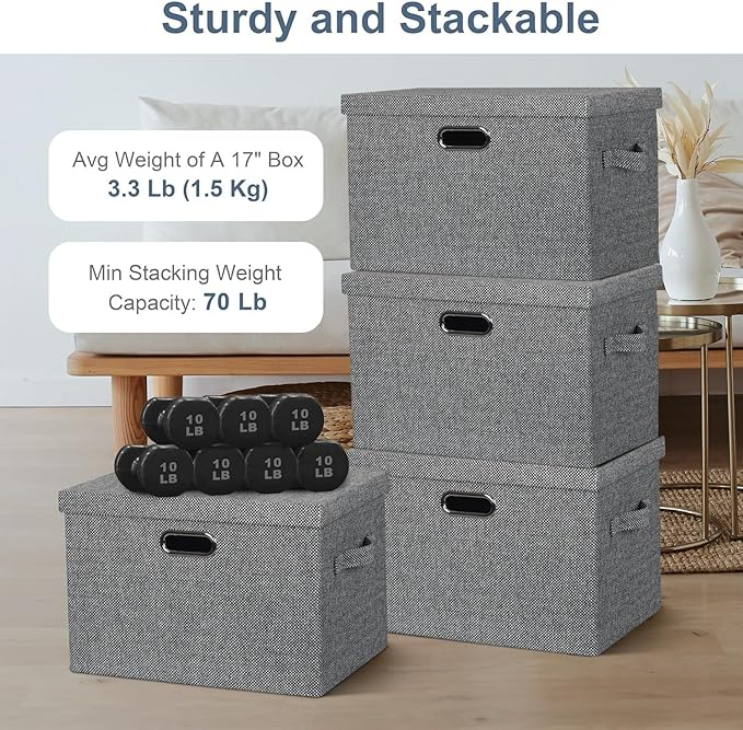 Graciadeco Large 17" 36 Quart Collapsible Stackable Storage Bins with Lids, 3 Packs Black and White Mix Linen Fabric Closet Boxes with Lids, Storage Cube Baskets Container Organizers (17x12x11)