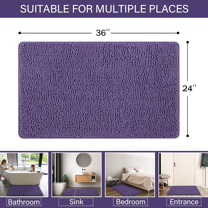 LOCHAS Luxury Bathroom Rug Shaggy Bath Mat 24 x 36 Inch, Dark Purple | Washable Non Slip Bath Rugs for Bathroom Shower, Soft Plush Chenille Absorbent Carpets