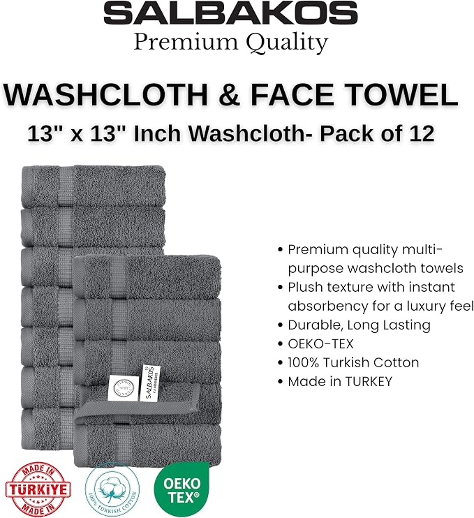 SALBAKOS 12-Piece 100% Turkish Cotton Washcloths and Face Towels, Gray | 13x13 in Standard Size Small Towel, Multi-use Bathroom & Kitchen, Thick Super Soft Absorbent Durable, Oeko-Tex Made in Turkey
