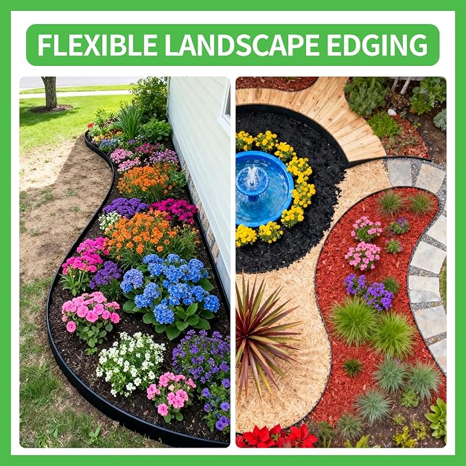 Kryonix 4 in x 60 ft Landscape Edging with Stakes | Flexible plastic no-dig garden edging with 75 stakes. Easy install for lawns, flower beds & landscaping.
