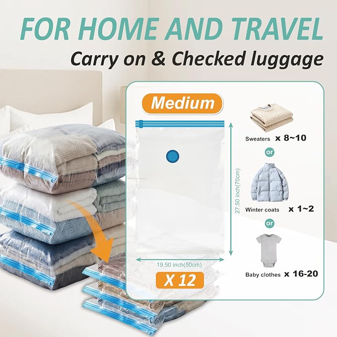 Cozy Essential Vacuum Storage Bags, 80% Compression Vacuum Seal Space Saver Plastic Packaging Bags for Clothes, Blankets, Pillow, Bedding, Comforters, Sealer Clothing Storage,12 Medium