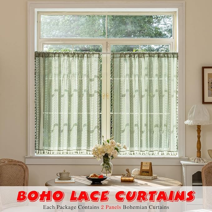 Sutuo Home Sage Green Lace Boho Curtains Drape 2 Panels 45 Inch Length | Semi Sheer Small Window Curtains for Kitchen Cafe Crochet Vintage Tassels Bohemian Privacy Rustic Geometry Rod Pocket, 50" W