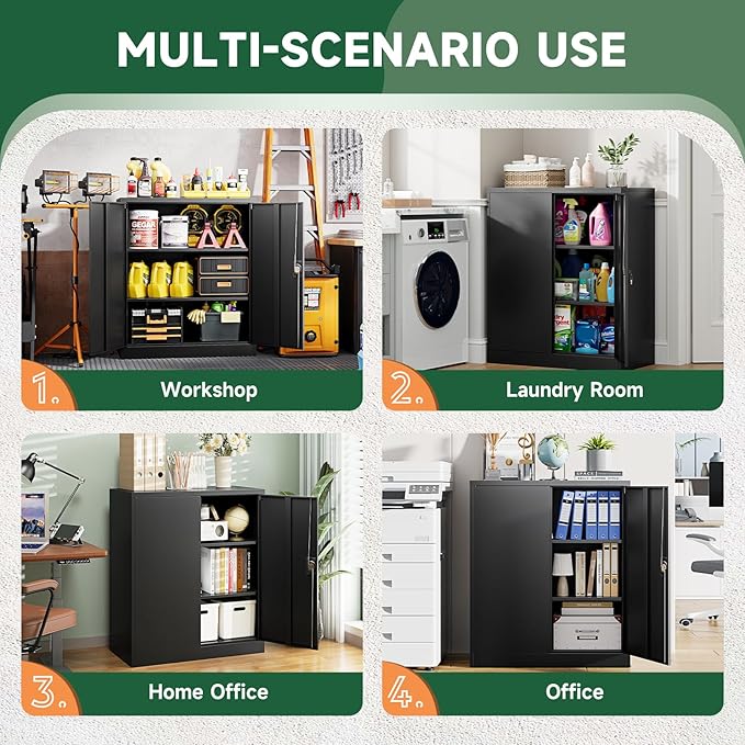 Metal Storage Cabinets with Lock Door,2 Adjustable Shelves Organizer Steel Storage Cabinets for Home,Office,Warehouse,Garage,Employee Lockers(Black)